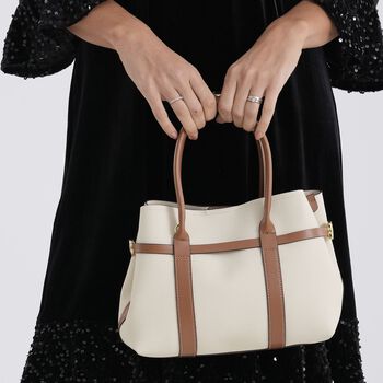 Leder Shopper Set 2 teilig mit Magnetfach und Rei&szlig;verschlussfach 35 x 11 x 20 cm Wei&szlig; Braun