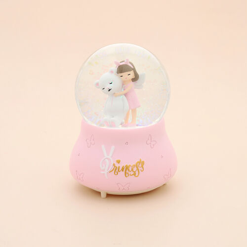 Schneekugel Musik und Licht, 15x10 cm, Mädchen und Bär, Rosa und Weiß image number 0