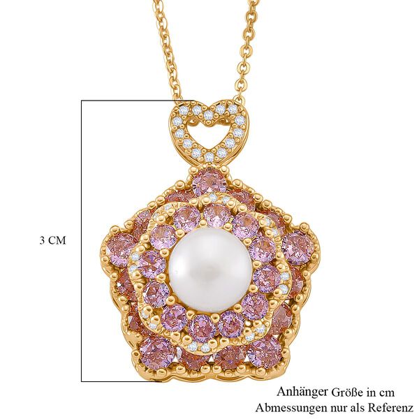 Weiße Süßwasser Perle (8-10 mm), Rosa Zirkonia Schmuckset ca. 50 cm + 5 cm Extender, Nickelfreies Messing, Reines Kupfer vergoldet image number 6