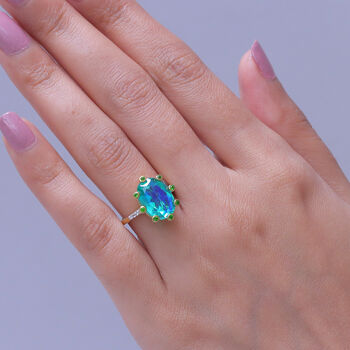 D'Joy Pfau Quarz Triplette, Nat&uuml;rlicher Chromdiopsid Ring 925 Silber 750 Gelbgold vermeil (Gr&ouml;&szlig;e 17.00) ca. 6,60 ct