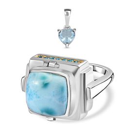 GP Art Déco Kollektion - AA Larimar, himmelblauer Topas, Neon Apatit und blauer Saphir-Ring und Anhänger - 10,16 ct.