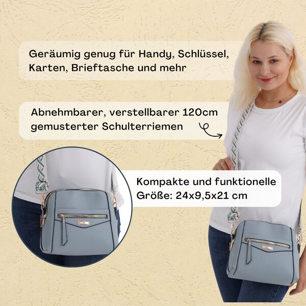 Crossbody-Tasche mit mehreren Rei&szlig;verschlussf&auml;chern und abnehmbarem Gurt, 25x9x18cm, Hellblau image number 3