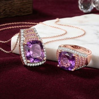 Djoy AA Rose De France Amethyst, Moissanit und rosa Saphir Ring und Anh&auml;nger mit 50cm Kette
