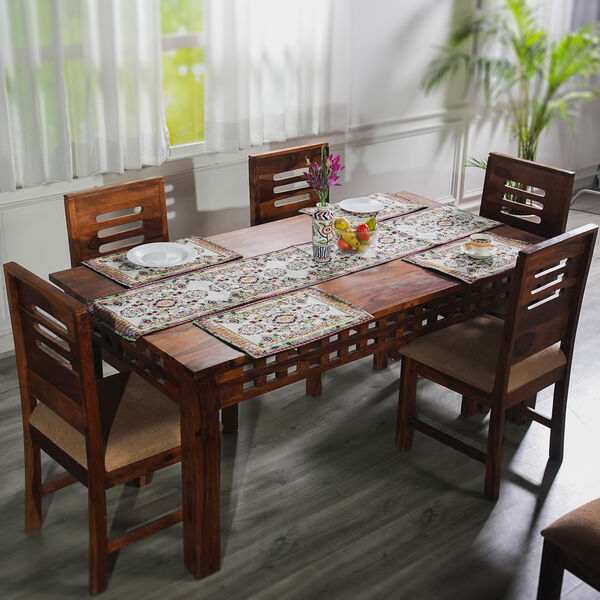 5er Set: Jacquard gewebter Tischl&auml;ufer und 4 Tischsets, Oriental weiss