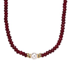 Weiße Muschelkernperle (9-11 mm), Roter Quarzit Halskette, verstellbar 40.5 cm +10 cm Extender, goldfarben