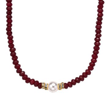 Wei&szlig;e Muschelkernperle (9-11 mm), Roter Quarzit Halskette, verstellbar 40.5 cm +10 cm Extender, goldfarben