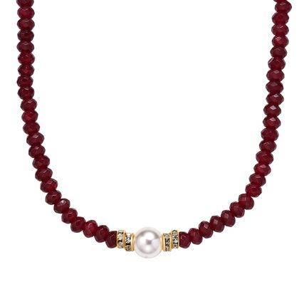 Wei&szlig;e Muschelkernperle (9-11 mm), Roter Quarzit Halskette, verstellbar 40.5 cm +10 cm Extender, goldfarben