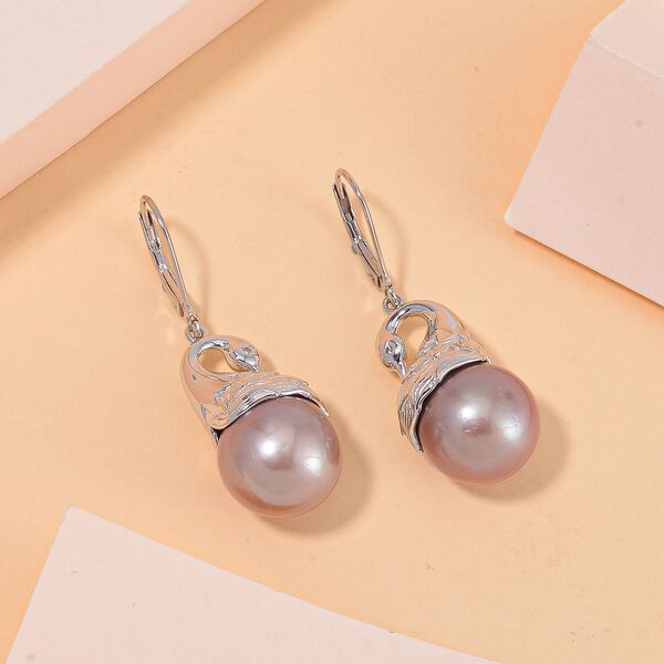 Lila Edison Perle, Weißer Zirkon Ohrringe 925 Silber platiniert image number 2