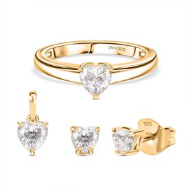 3er Set - D'Joy Moissanit Ohrringe, Ring und Anhänger, 925 Silber 750 Gelbgold Vermeil (Größe 17) ca. 1.46 ct