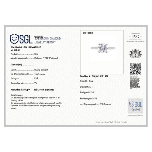 LUXURIANT DIAMOND- SGL zertifizierter VS-EF Labor Rundschliff Diamant Ring in 950 Platin - 2 ct. image number 7