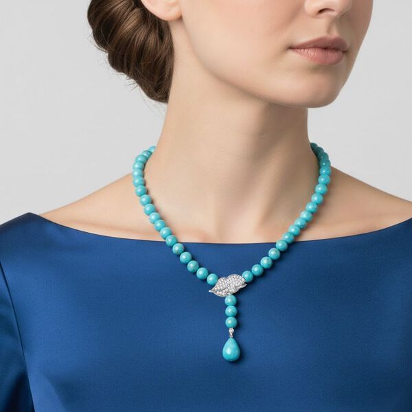 Sleeping Beauty t&uuml;rkisfarbene 8mm Muschelkernperle und wei&szlig;e Zirkonia 60cm Halskette image number 3