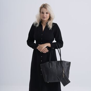 2er-Set Echtleder-Shopper, stilvolle Handtaschen mit passendem Rei&szlig;verschluss-Etui, Schwarz