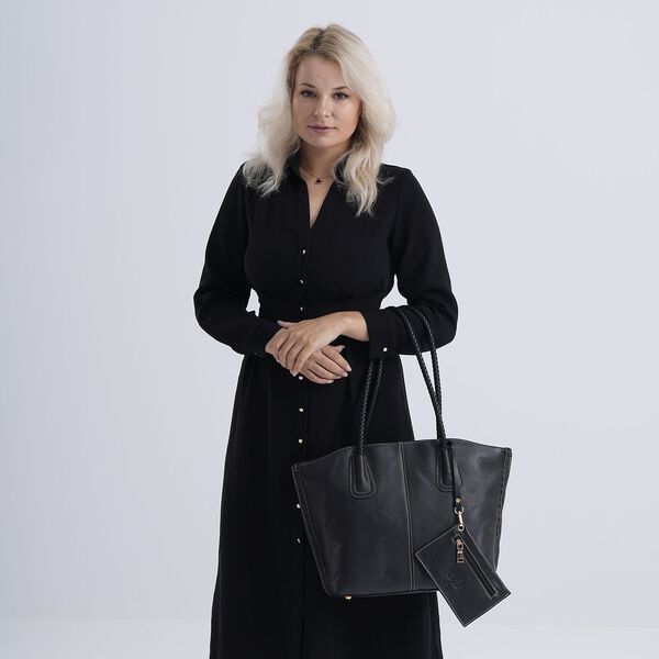 2er-Set Echtleder-Shopper, stilvolle Handtaschen mit passendem Rei&szlig;verschluss-Etui, Schwarz image number 3