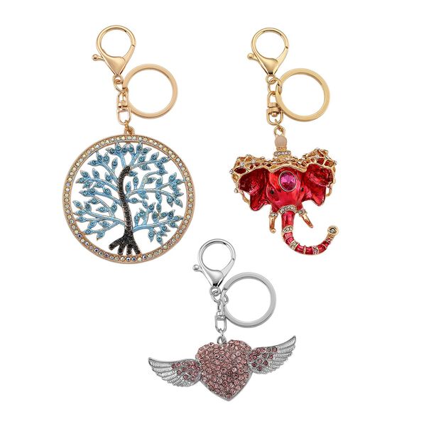 3er-Set Mehrfarbige Kristall- und Emaille-Schl&uuml;sselanh&auml;nger, Lebensbaum, Elefant und Herz