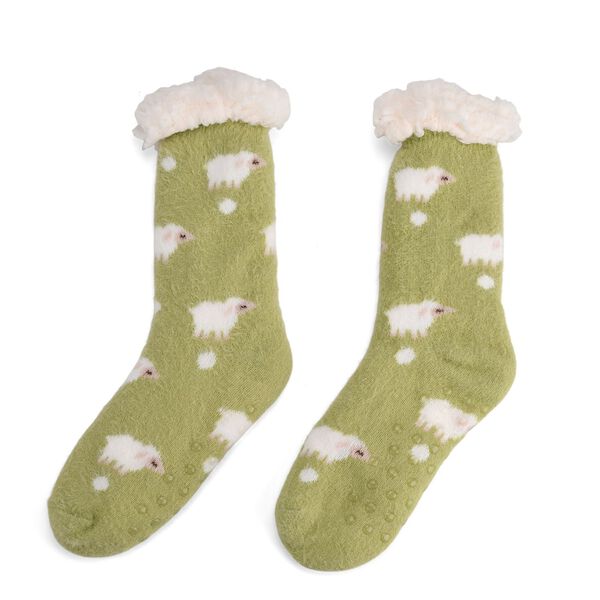 Kuschelige Sherpa Socken, Schafmuster, Gr&uuml;n