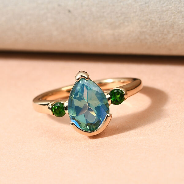 Pfau Triplett Quarz und Nat&uuml;rlicher Chromdiopsid Ring 925 Silber vergoldet  ca. 2,27 ct image number 2