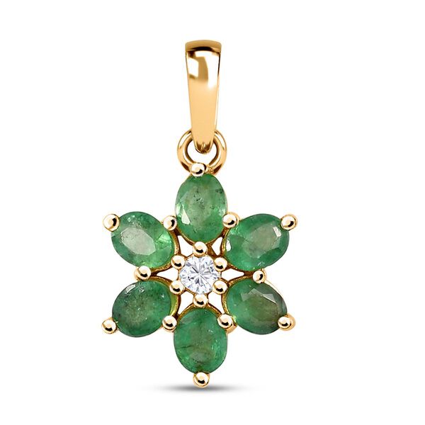 Kagem sambischer Smaragd und Zirkon floraler Anh&auml;nger, 925 Silber vergoldet, 1,10 ct.