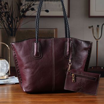 2er-Set Echtleder-Shopper, stilvolle Handtaschen mit passendem Rei&szlig;verschluss-Etui, Bordeaux