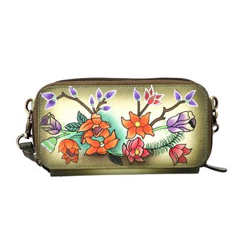 SUKRITI - RFID-gesch&uuml;tztes 100% Echtleder handgemaltes Crossbody-Tasche, 20x9 cm, oliv-gold