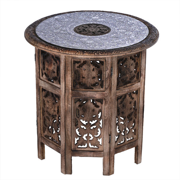 NAKKASHI handgeschnitzter klappbarer Tisch aus Mangoholz mit handgepr&auml;gter Aluminiumplatte, 53x53x53 cm, natur image number 8