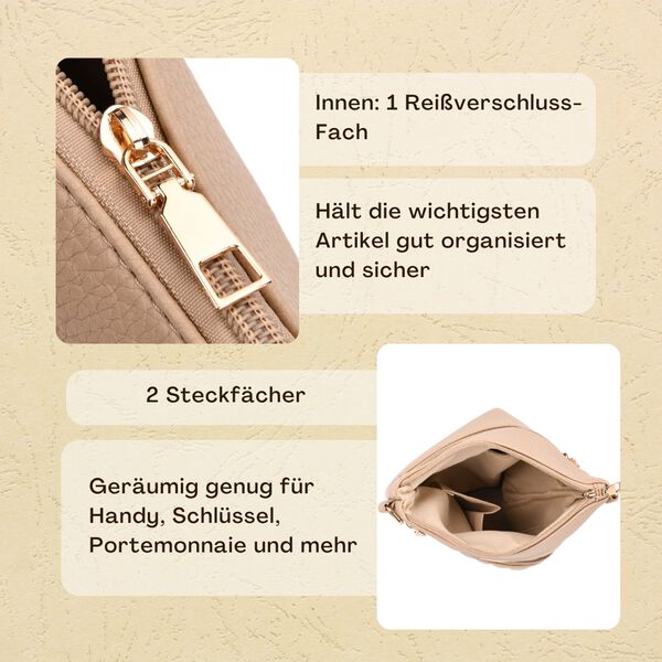 Crossbody-Tasche mit gemustertem Schulterriemen und vielen Fächern, 23×26 cm, Beige image number 1