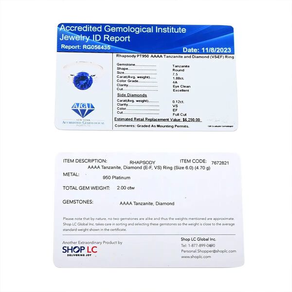 RHAPSODY zertifiziert und gepr&uuml;ft AAAA Tansanit und VS-EF Diamant Ring in 950 Platin - 2,30 ct. image number 8