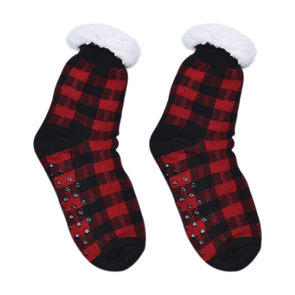 2er-Set - Rutschfeste Haussocken mit Sherpafutter, Wintermuster, Einheitsgröße, Schwarz-Weiß und Rot-Schwarz image number 2