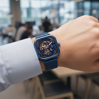 GENOA TIME V2 42mm Automatische Mechanikuhr - Schwarzes hohles Zifferblatt, Geh&auml;use aus Legierung mit IPS-Beschichtung, Edelstahl-Mesh-Armband, 3 ATM wasserdicht, Reiner Edelstahl, 8.5 cm, blau