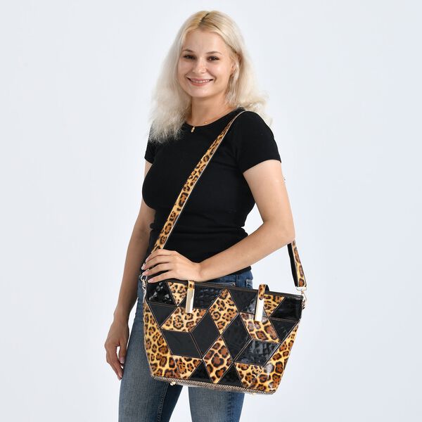 Chaos by Elsie- Echtleder-Shopper, RFID-Schutz, geometrisches Rauten Patchwork im 3D W&uuml;rfel Look, Leopard mit Hochglanz Optik, 30x14x27cm, Schwarzbraun image number 3