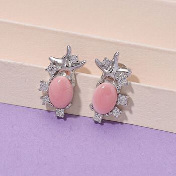 D'Joy Nat&uuml;rlicher Rosa K&ouml;nigsmuschel Perle (8x6 mm), Moissanit Ohrringe 925 Silber rhodiniert