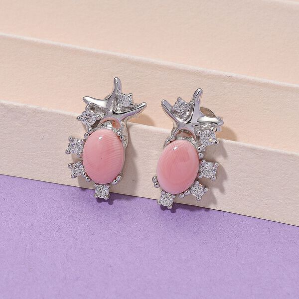 D'Joy Natürlicher Rosa Königsmuschel Perle, Moissanit Ohrringe 925 Silber rhodiniert image number 2