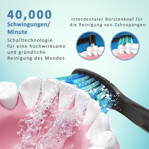 Fairywill- Zahnb&uuml;rste mit 4 B&uuml;rstenk&ouml;pfen, Schwarz image number 5