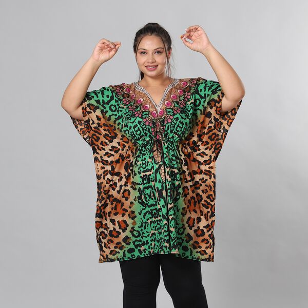 V-Ausschnitt bedruckter Kaftan, Einheitsgr&ouml;&szlig;e Gr&uuml;n image number 2