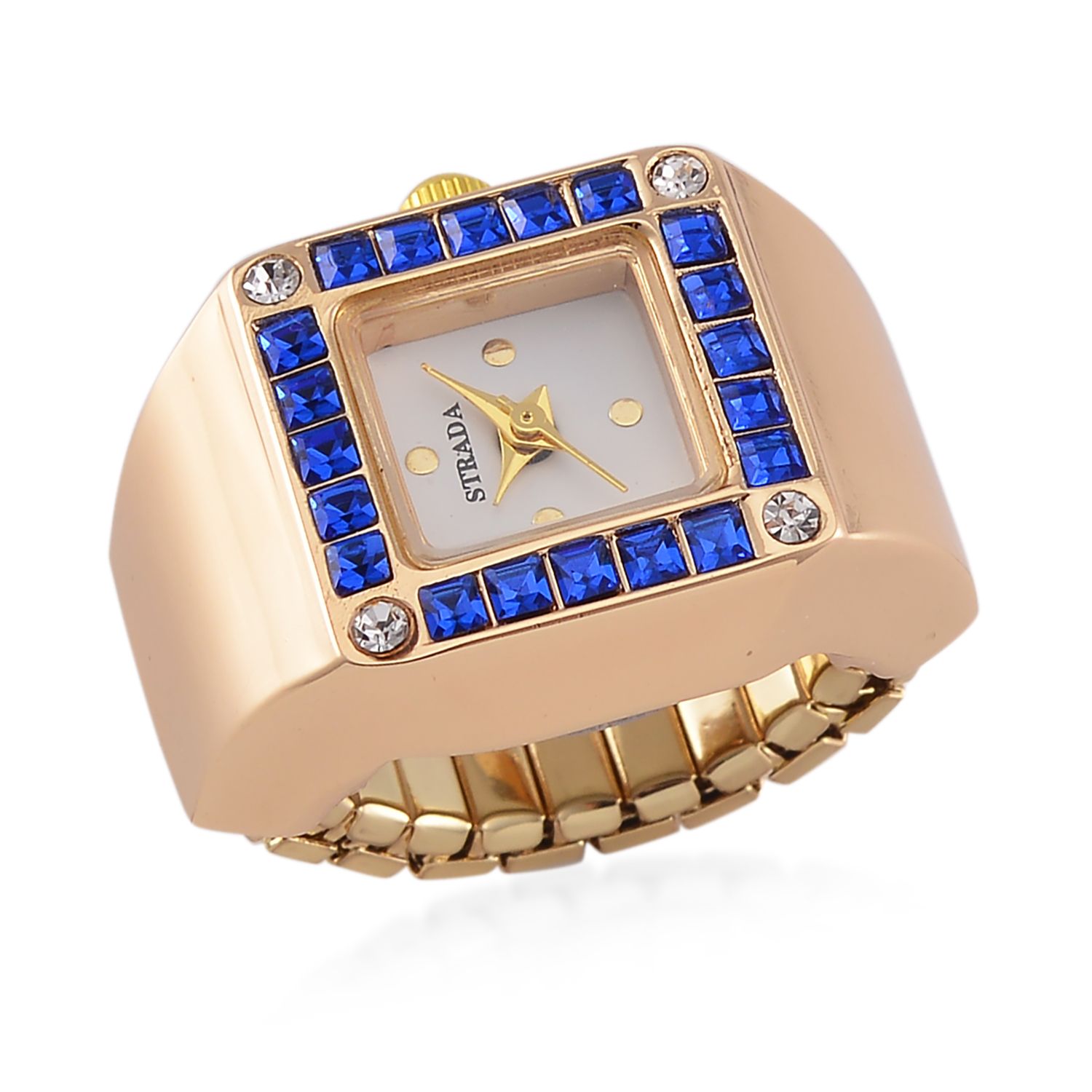 STRADA - Ringuhr mit blauem Kristall und Weißkristall, Japanischem Uhrwerk, 7.5 cm, Reiner Edelstahl, vergoldet | SHOPLC