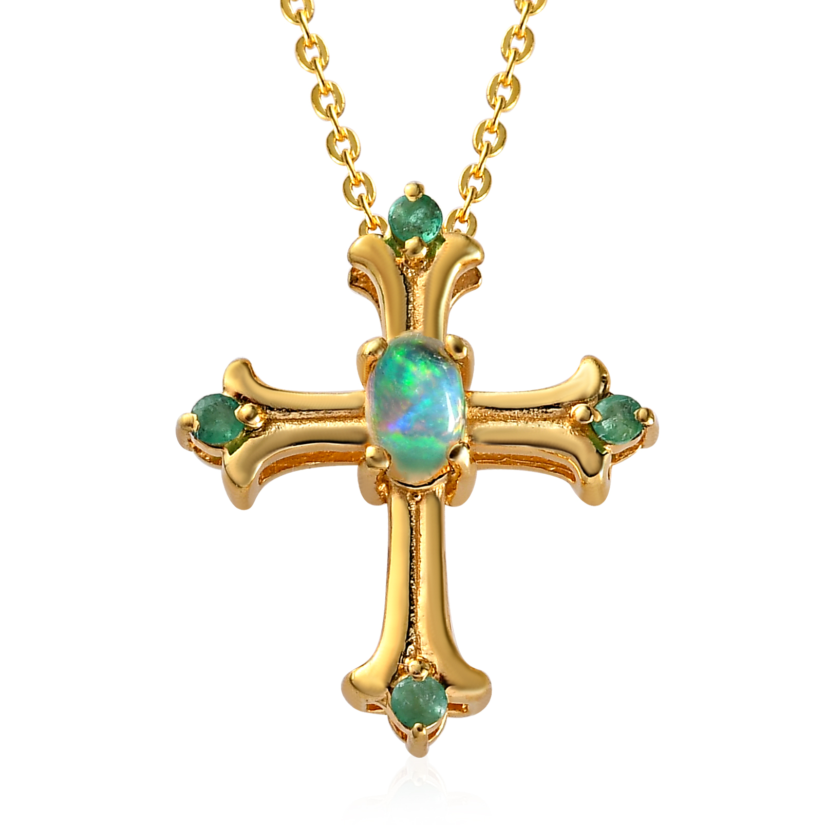 Natürlicher, äthiopischer Opal und Smaragd Kreuz-Anhänger mit Kette in  Silber | SHOPLC