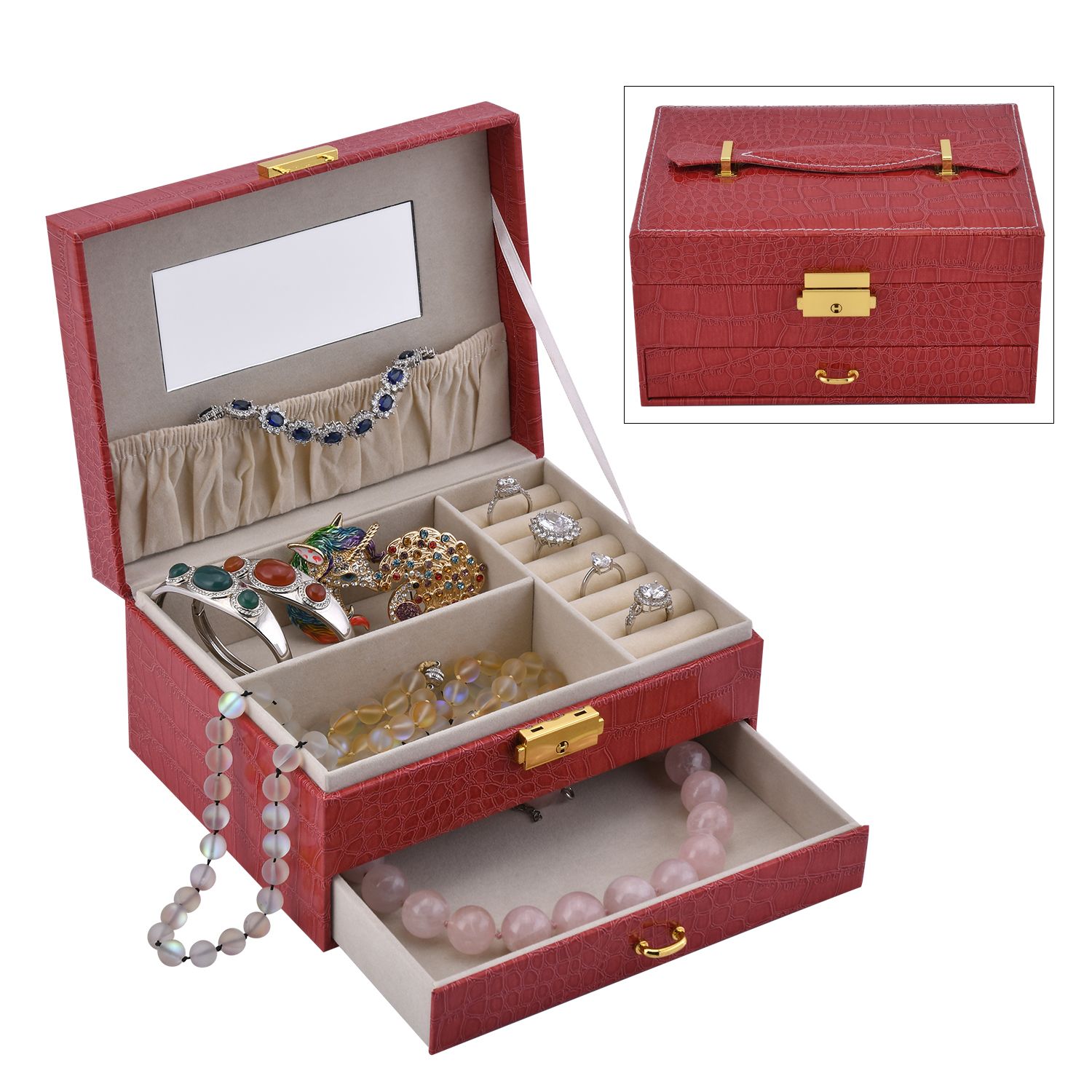 QWORK Schmuckschatulle 2-lagig Mit Tablett | PU Leder Aufbewahrungsbox Für Uhren, Ringe & Schmuck