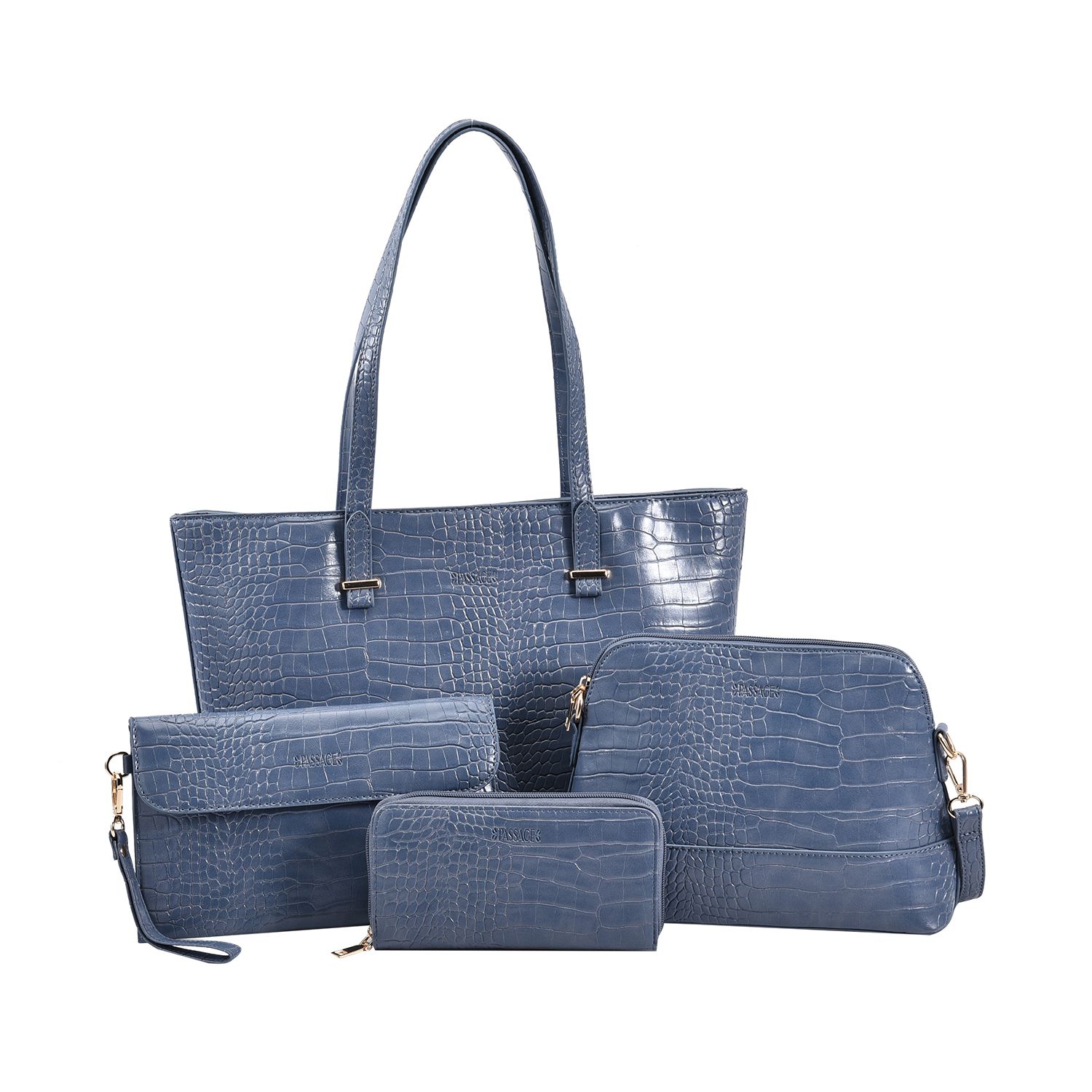 Passage - 4er-Set Handtaschen mit Krokodilprägung; enthält Schultertasche,  Cross Body Bag, Clutch Bag und Portemonnaie, blau