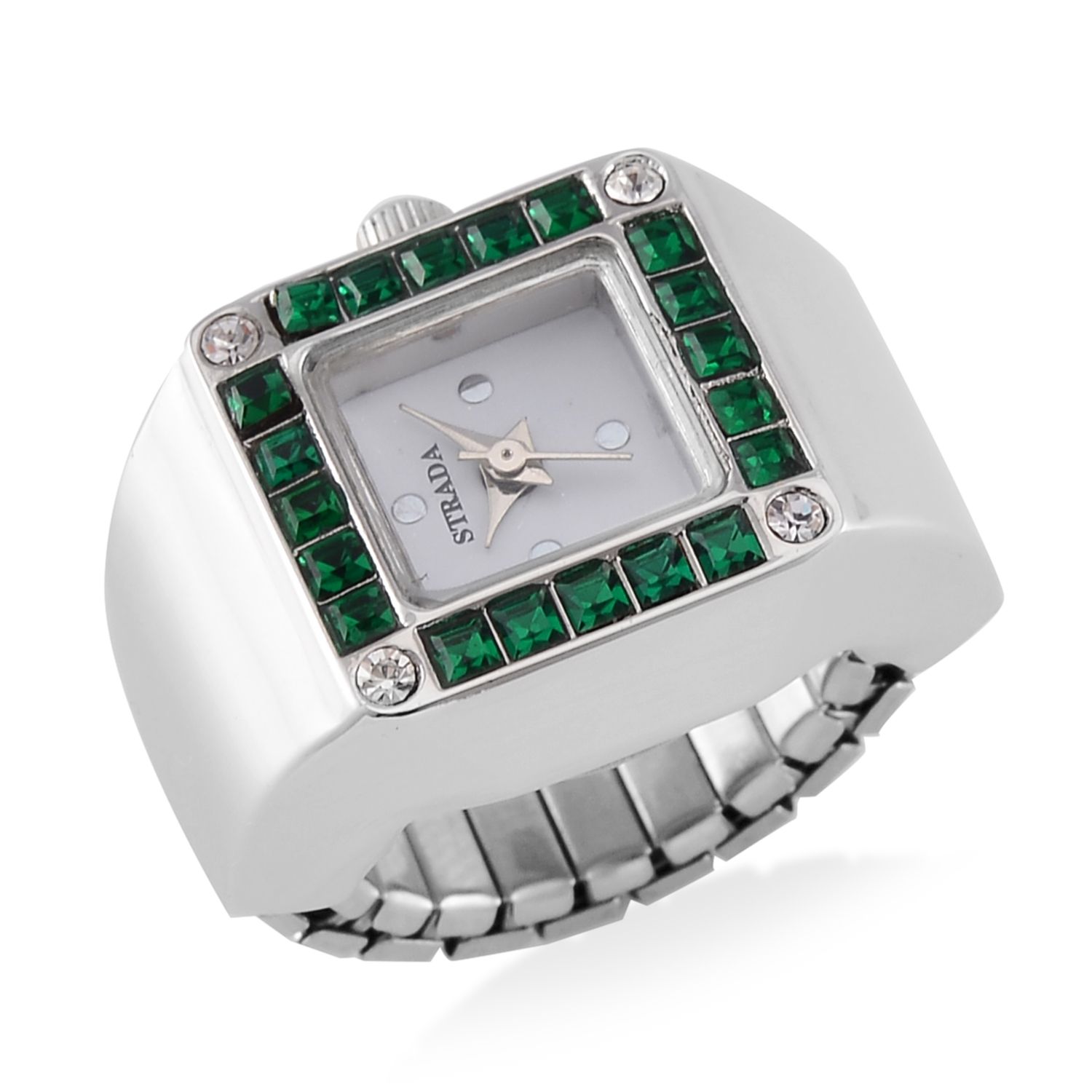 STRADA - Ringuhr mit Neongrüner Kristall und Weißkristall, Japanischem Uhrwerk, 7.5 cm, Reiner Edelstahl | SHOPLC