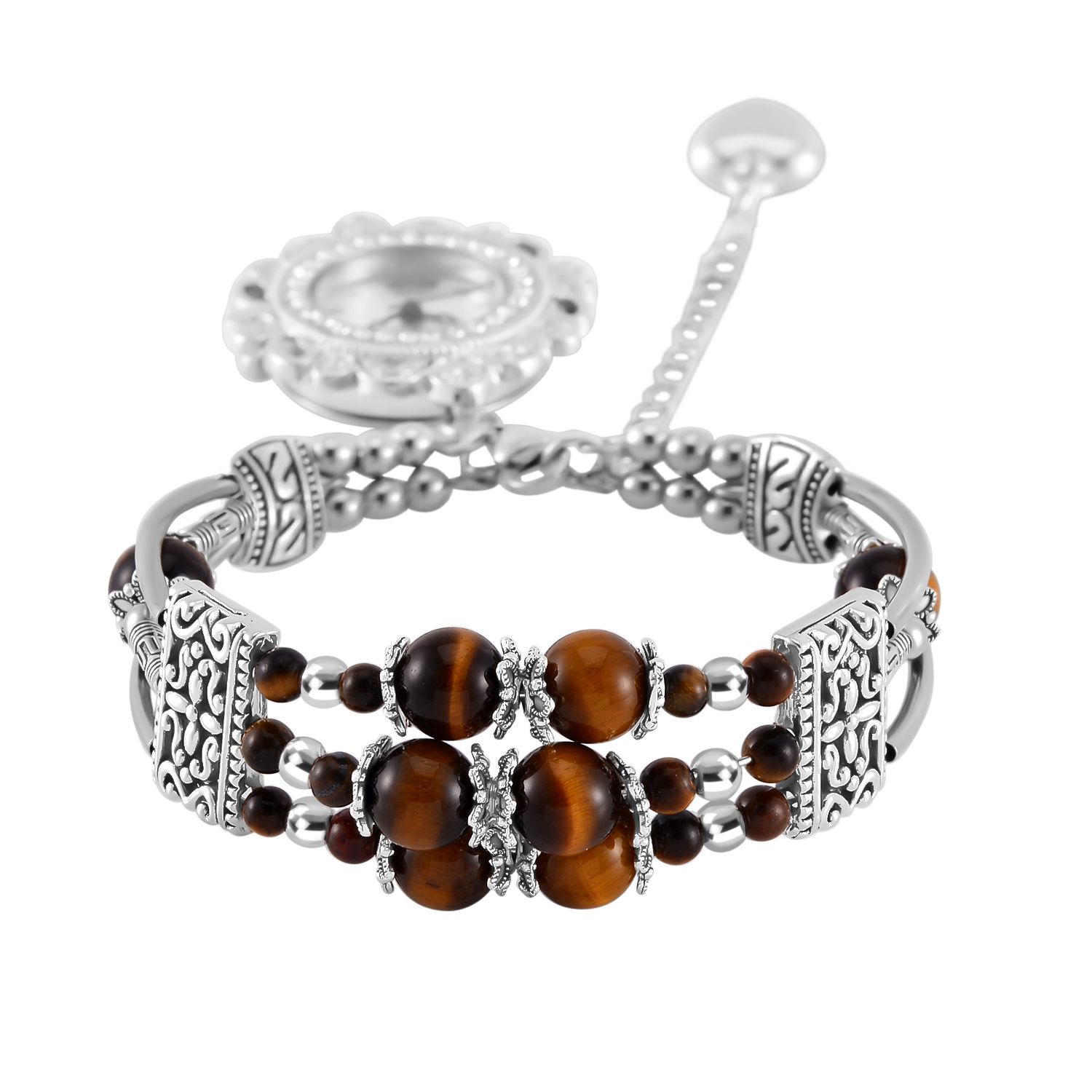 STRADA - Gelbes Tigerauge verstellbare Perlenarmbanduhr mit Legierungsgehäuse und japanischem Uhrwerk, 17-21 cm, Reiner Edelstahl | SHOPLC