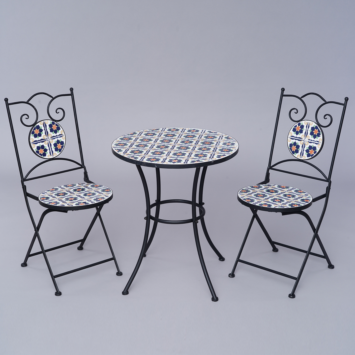 3erSet MosaikTisch und 2 MosaikStühle, Blumenmuster, WeißOrange